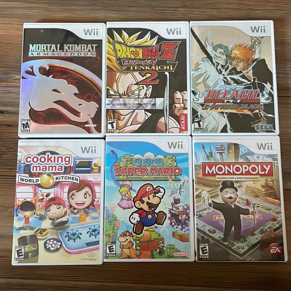 6 Wii Games Mortal Kombat, Cooking Mama, Bleach, Super Paper Mario…pre owned